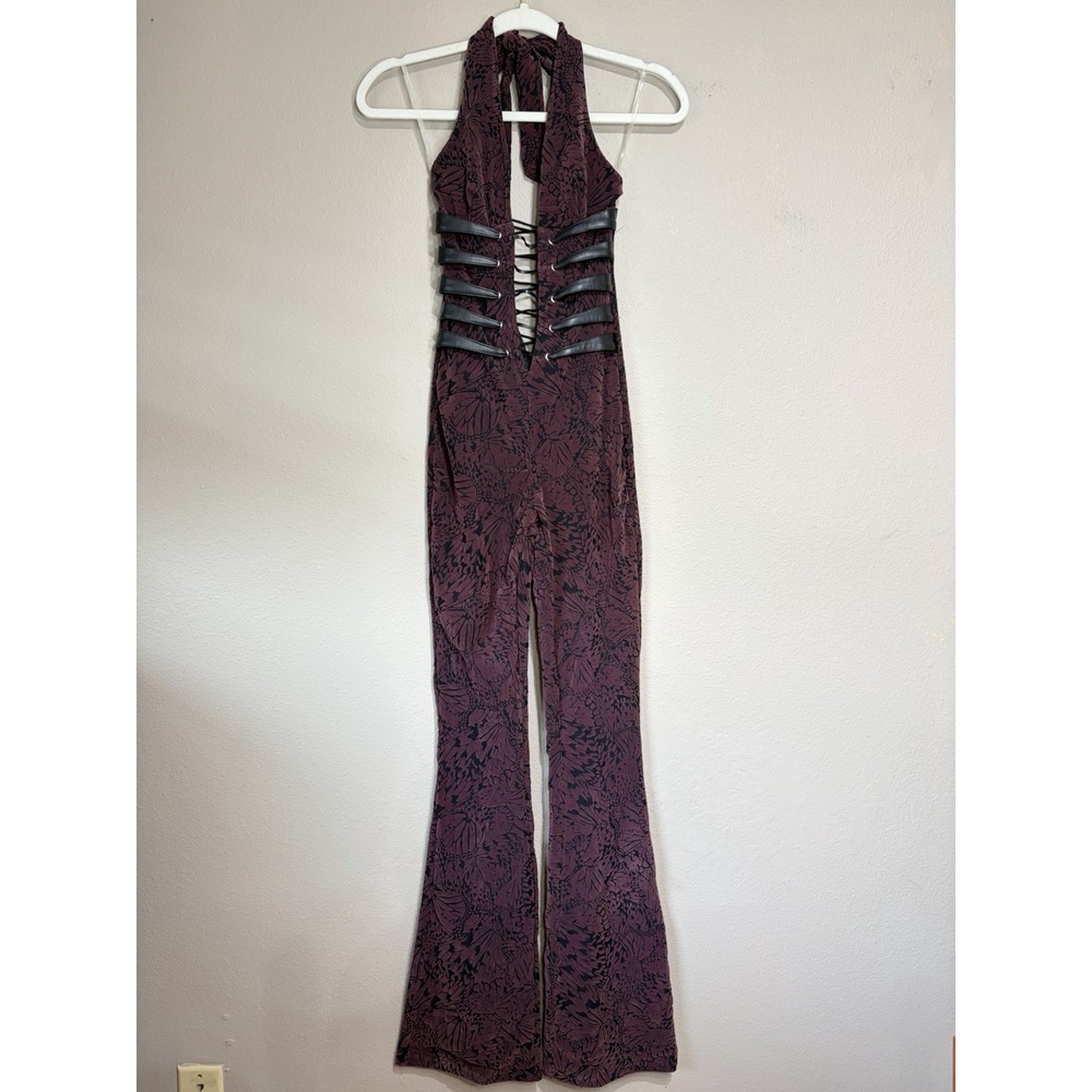 Outcast Womens Halter Velvet Jumpsuit Y2K Rave Festival Disco Whimsigoth Vamp XS